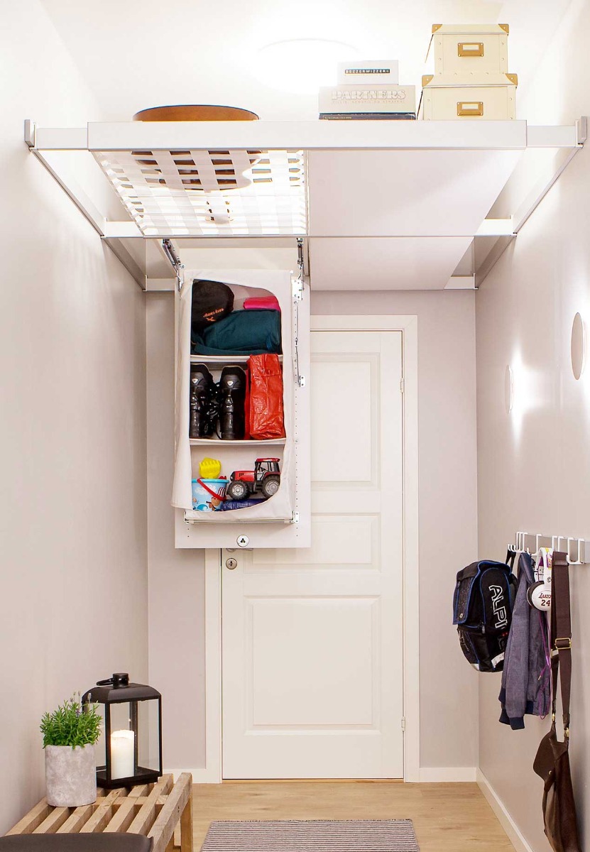 Ceiling storage organiser, net, shelf and one shoe storage